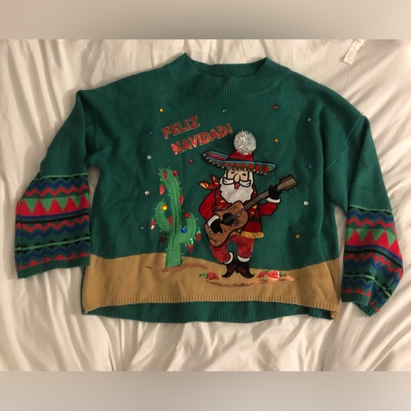 Holiday Time Sweaters Holiday Time Womens Green Christmas Theme Sweater Feliz Navidad Extra